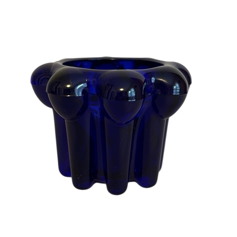 Vintage Reims Cobalt Blue Glass Candle Stick Holder Ribbed Made in France